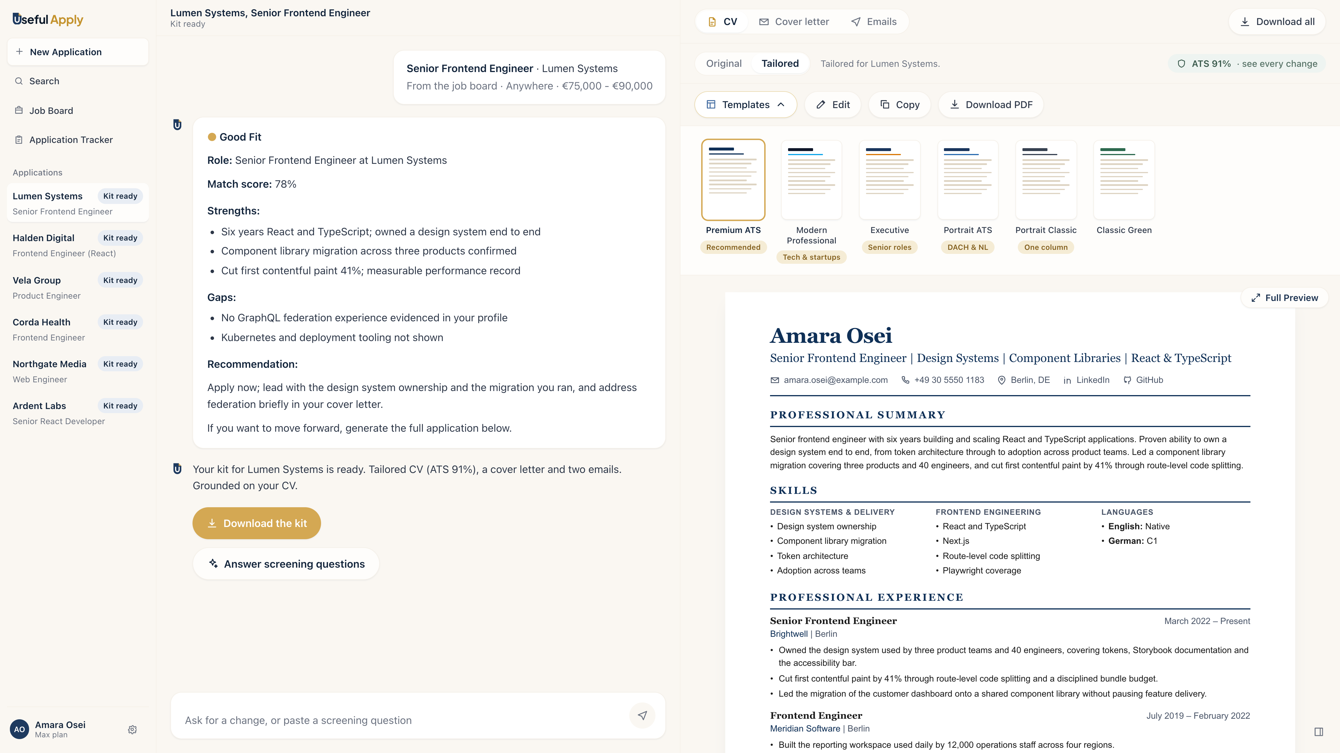 Useful Apply product demo showing a role assessment and tailored CV side by side, using a sample applicant.