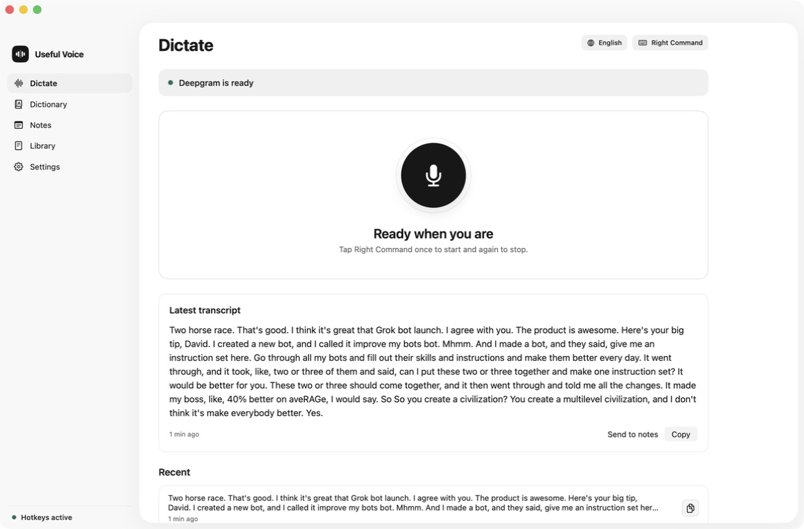Useful Voice Dictate window with its microphone control, English language setting, keyboard shortcut and latest transcript.